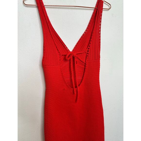 RONNY KOBO Red Orange Crochet V-Neck Open Back Tie Dress Size Medium - Picture 14 of 15